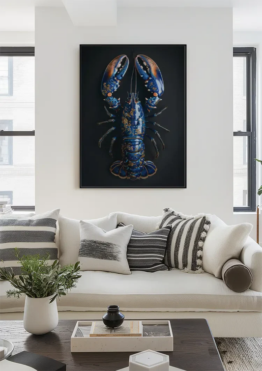 Delfts blauwe kreeft met goud canvas schilderij aan de wand in de hal
