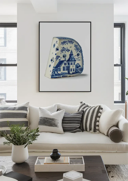 Delft Blue Cheese with Dutch House Illustration Painting