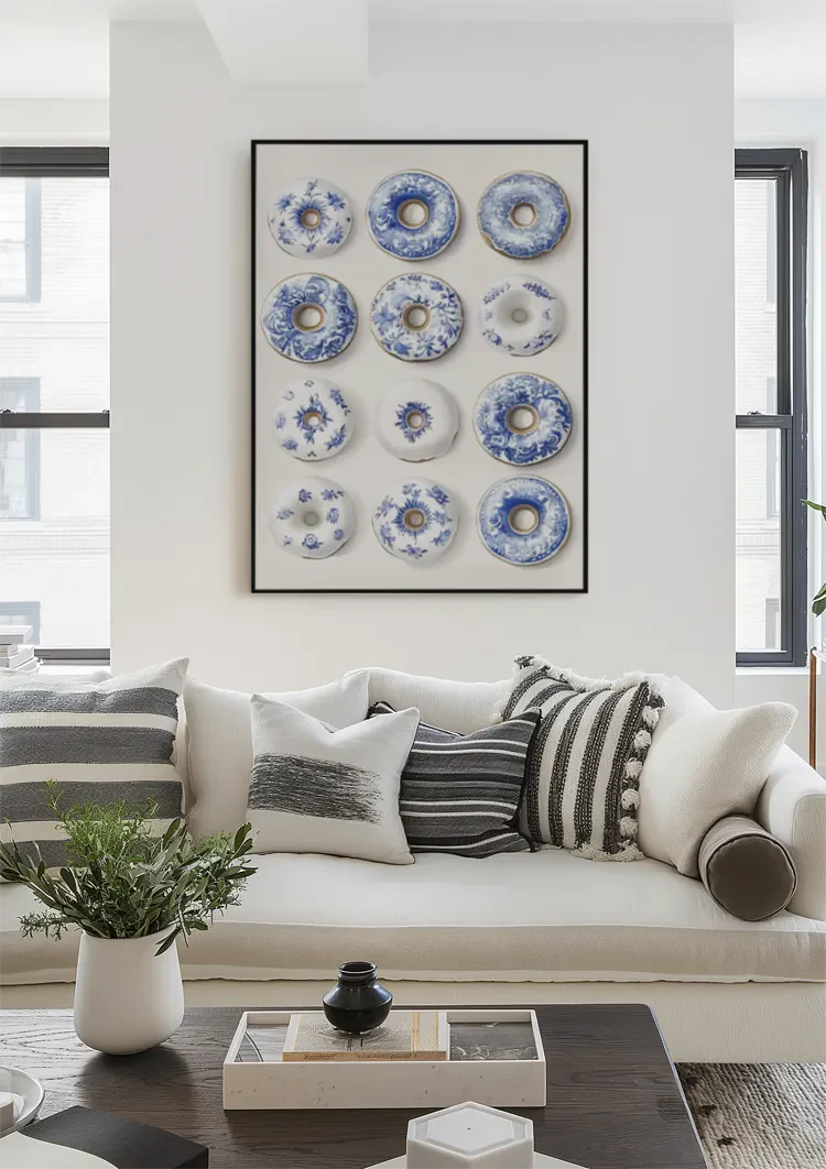 Twelve Donuts With Delft Blue Pattern Playful Ceramic Painting