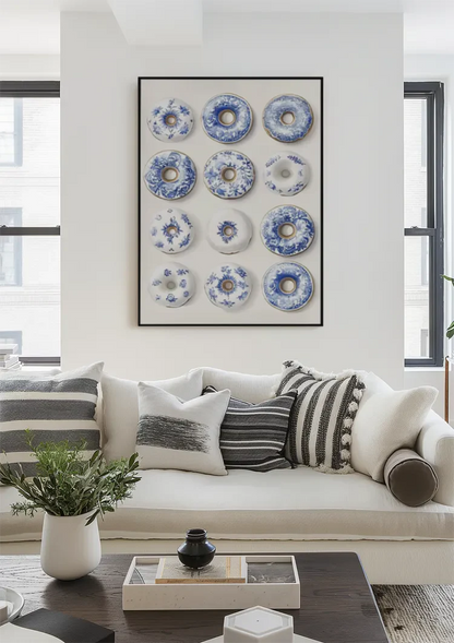 Twelve Donuts With Delft Blue Pattern Playful Ceramic Painting