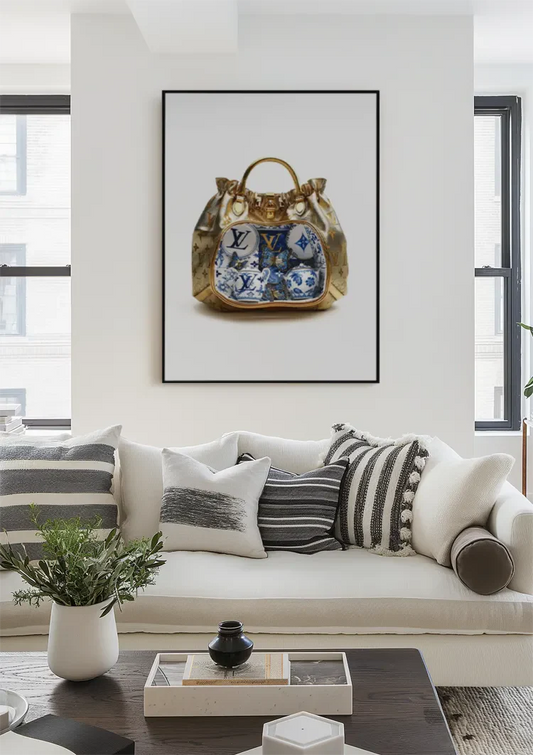 Gouden tas met porseleinen kopjes canvas schilderij aan de muur in de hal