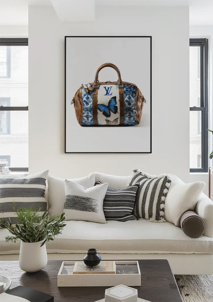 Louis Vuitton Tas Blauwe Vlinders Bloemen LV Logo Luxe Mode Schilderij