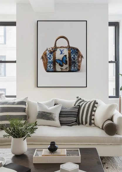 Louis Vuitton Tas Blauwe Vlinders Bloemen LV Logo Luxe Mode Schilderij