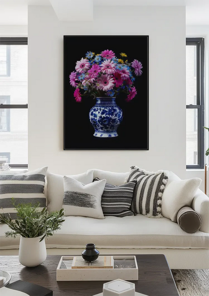 Delfter blaue Vase mit bunten Blumen auf schwarzem Hintergrund Gemälde
