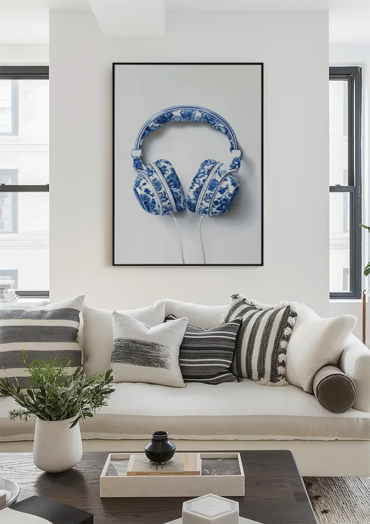 Delfts Blauw Koptelefoon Bloemenpatroon Porselein Pop Art Schilderij