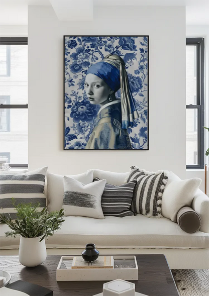 Delft Blue Girl with a Pearl Earring Portrait Floral Background Painting