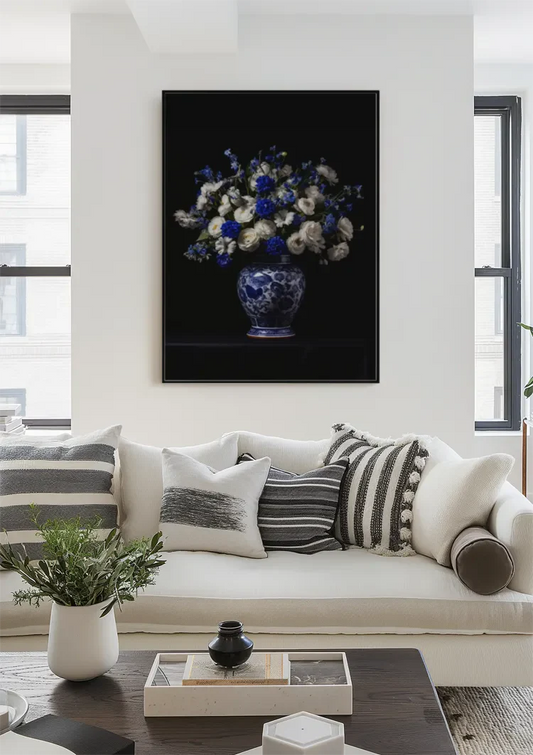 Delfts blauwe vaas canvas schilderij bij de voordeur in de hal