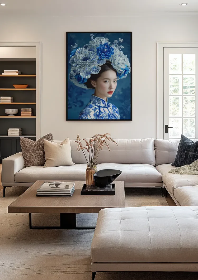 Delfts Blauw Vrouw Grote Bloemenkroon Traditioneel Portret Blauw Schilderij
