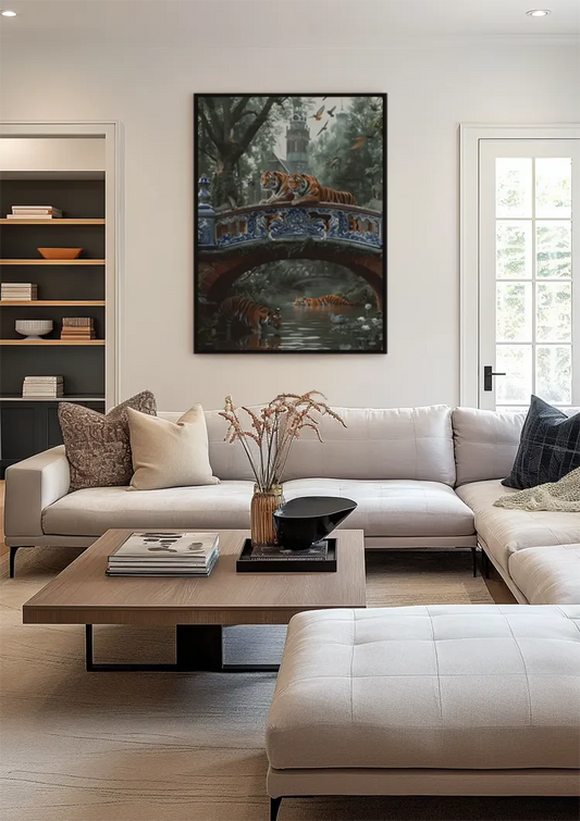 Tijgers op een brug canvas schilderij aan de muur in de hal