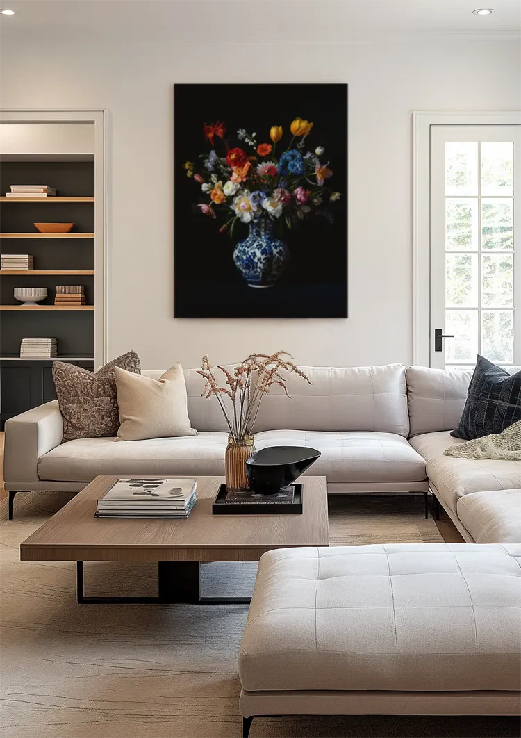 Delfts Blauwe Vaas Kleurrijke Bloemen Tulpen Pioenrozen Donkere Achtergrond Schilderij