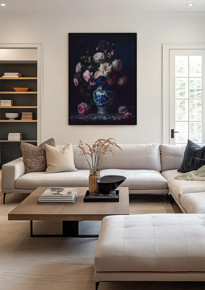 Delfts Blauwe Vaas Grote Rozen Donkere Achtergrond Stilleven Schilderij