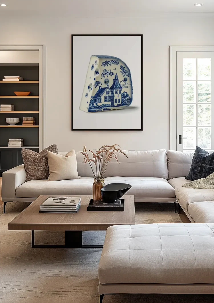 Delft Blue Cheese with Dutch House Illustration Painting