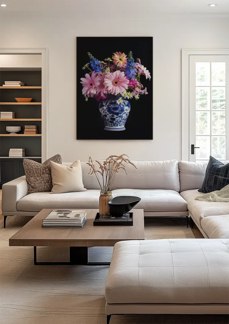 Delfts Blauw Vaas Kleurrijke Bloemen Boeket Donkere Achtergrond Schilderij