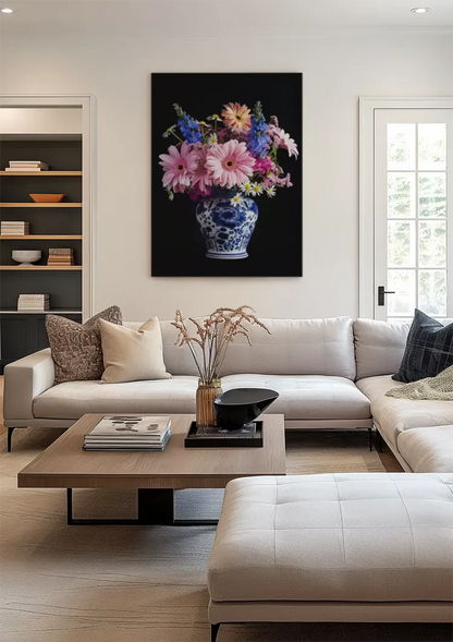Delfts Blauw Vaas Kleurrijke Bloemen Boeket Donkere Achtergrond Schilderij