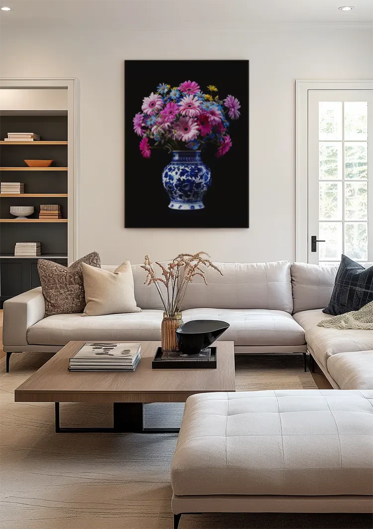 Delfter blaue Vase mit bunten Blumen auf schwarzem Hintergrund Gemälde