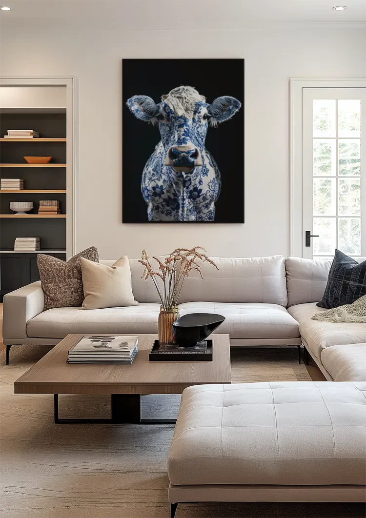 Delfts Blauwe Koe Bloemenpatroon Zwarte Achtergrond Artistiek Schilderij