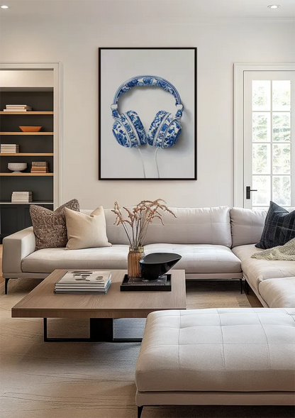 Delfts Blauw Koptelefoon Bloemenpatroon Porselein Pop Art Schilderij