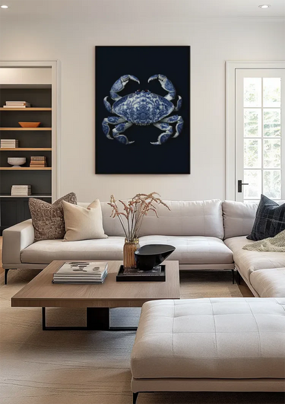 Delft Blue Crab Dark Background Classic Porcelain Pattern Painting