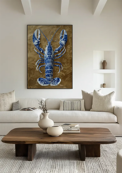 Delft Blue Lobster Gold Textured Background Painting