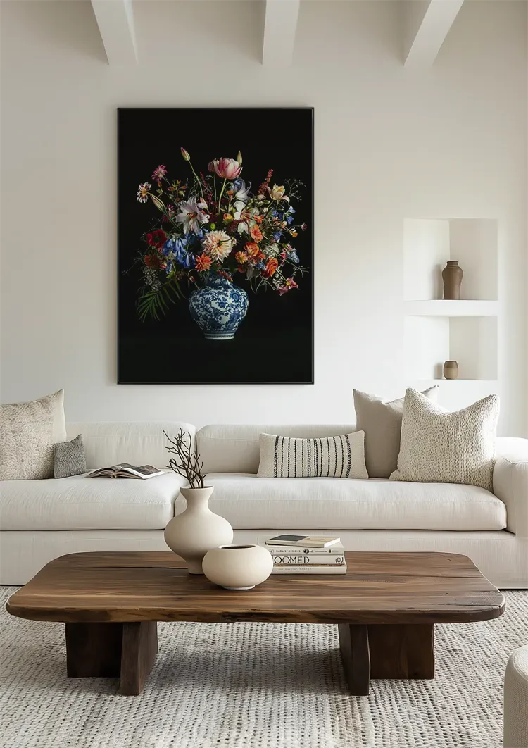Delfts Blauw Vaas Kleurrijk Bloemboeket Tulpen Rozen Zwarte Achtergrond Stilleven Schilderij