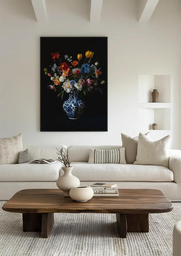 Delfts Blauwe Vaas Kleurrijke Bloemen Tulpen Pioenrozen Donkere Achtergrond Schilderij