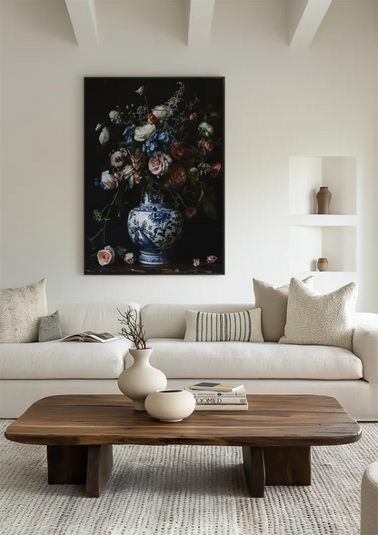 Delfts Blauw Vaas Roze Witte Rozen Bloemenboeket Stilleven Schilderij
