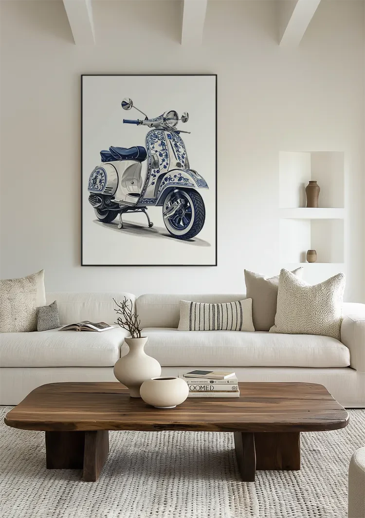 Delfts Blauwe Vintage Vespa Scooter Bloemen Decoratie Schilderij