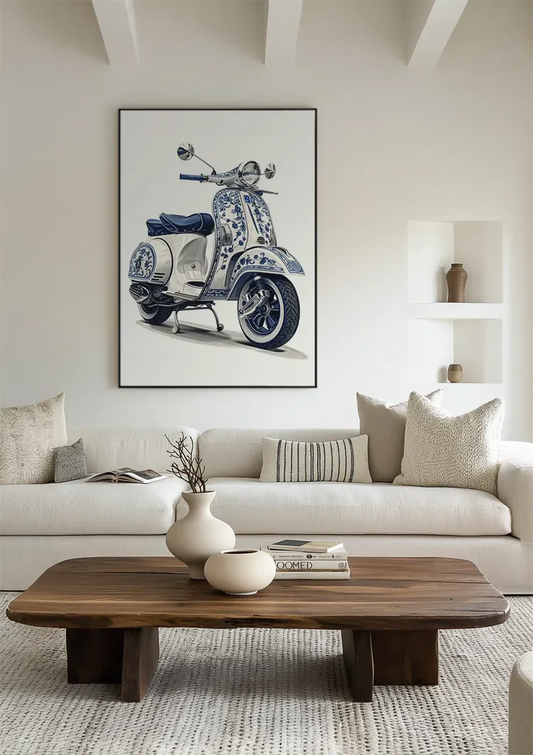 Delfts blauwe scooter canvas schilderij aan de muur bij de voordeur in de hal