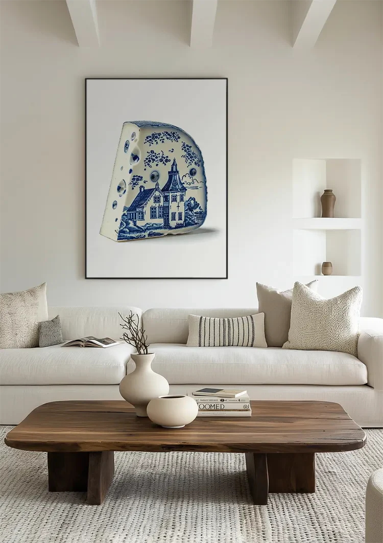 Delft Blue Cheese with Dutch House Illustration Painting