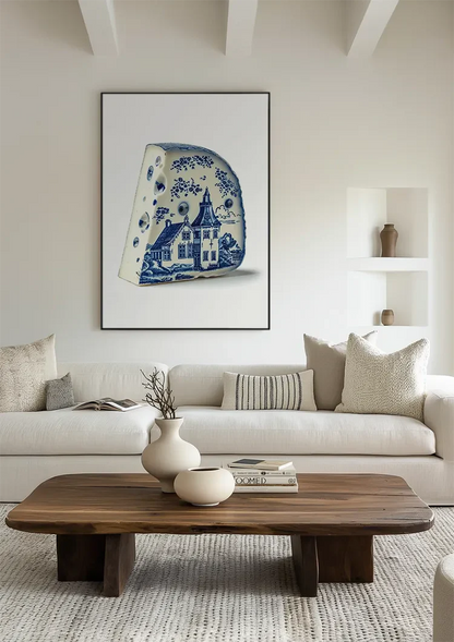 Delft Blue Cheese with Dutch House Illustration Painting