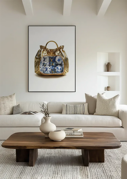 Gouden Louis Vuitton Tas met Blauw Wit Porseleinen Kopjes Schilderij