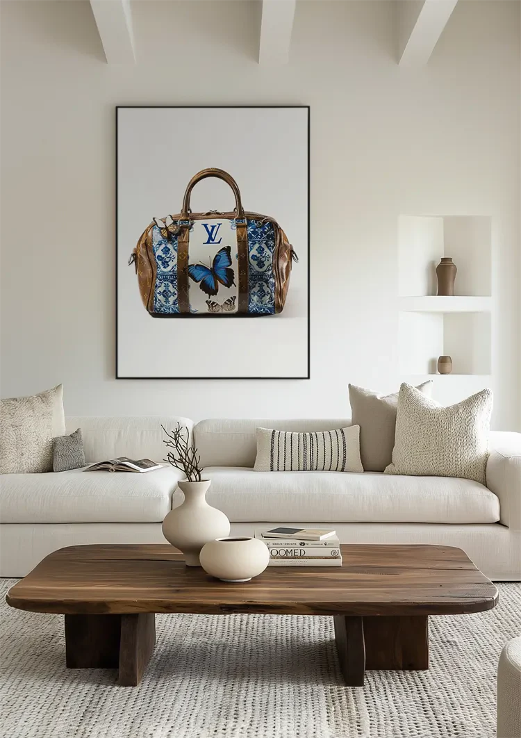 Louis Vuitton Tas Blauwe Vlinders Bloemen LV Logo Luxe Mode Schilderij