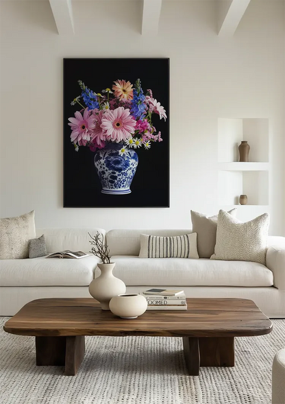 Delfts Blauw Vaas Kleurrijke Bloemen Boeket Donkere Achtergrond Schilderij
