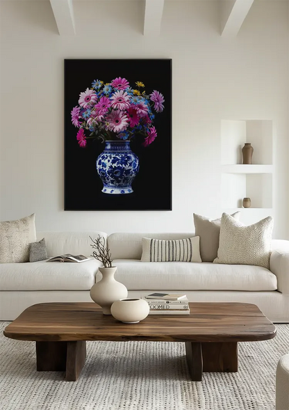 Delfter blaue Vase mit bunten Blumen auf schwarzem Hintergrund Gemälde