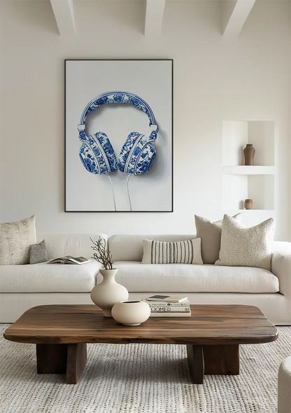 Delfts Blauw Koptelefoon Bloemenpatroon Porselein Pop Art Schilderij