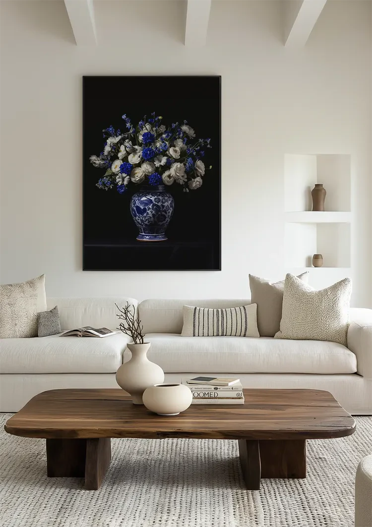 Delfts Blauwe Vaas Witte Rozen Blauwe Bloemen Zwarte Achtergrond Schilderij