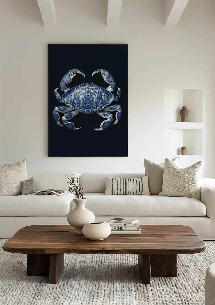 Delft Blue Crab Dark Background Classic Porcelain Pattern Painting