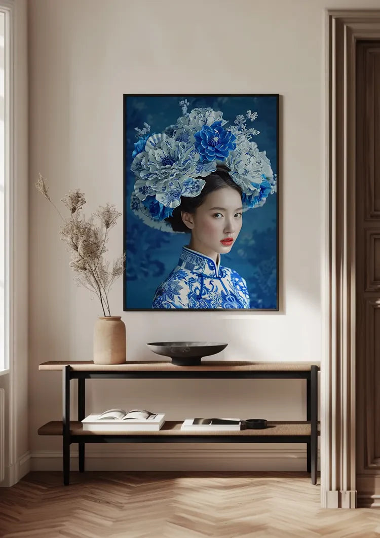 Delfts Blauw Vrouw Grote Bloemenkroon Traditioneel Portret Blauw Schilderij