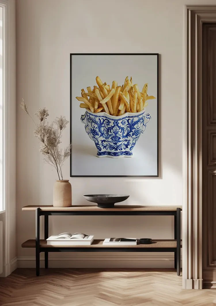Delft Blauw Porzellanschale Pommes Frites Gold Blau Weiß Lustiges Stillleben Gemälde