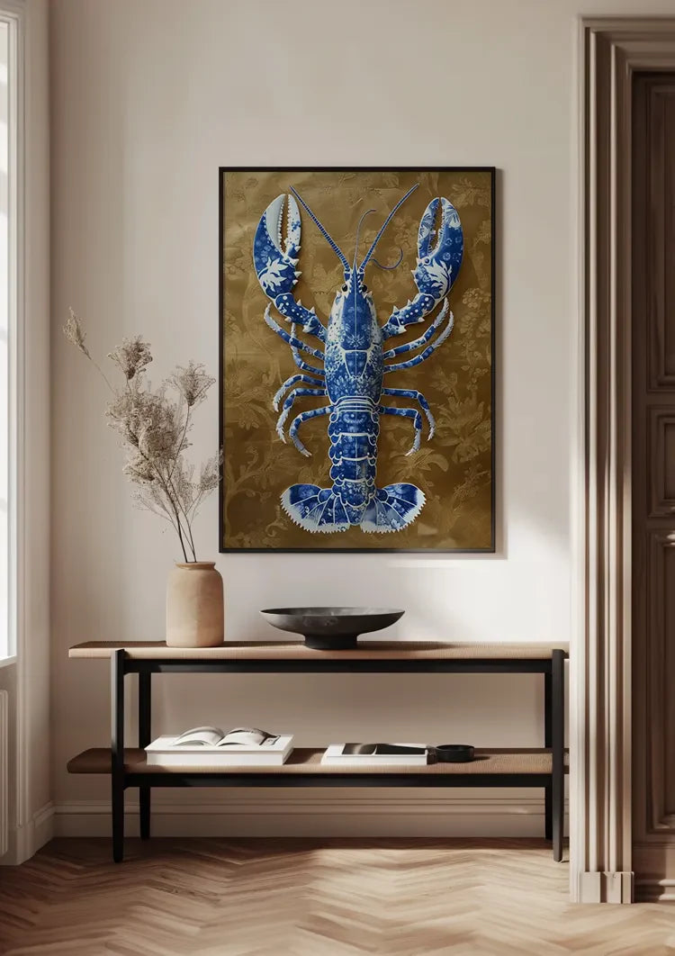 Delft Blue Lobster Gold Textured Background Painting