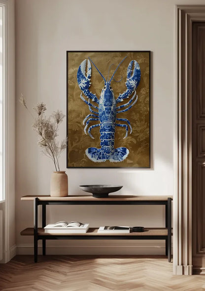 Delft Blue Lobster Gold Textured Background Painting