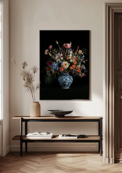 Delfts Blauw Vaas Kleurrijk Bloemboeket Tulpen Rozen Zwarte Achtergrond Stilleven Schilderij