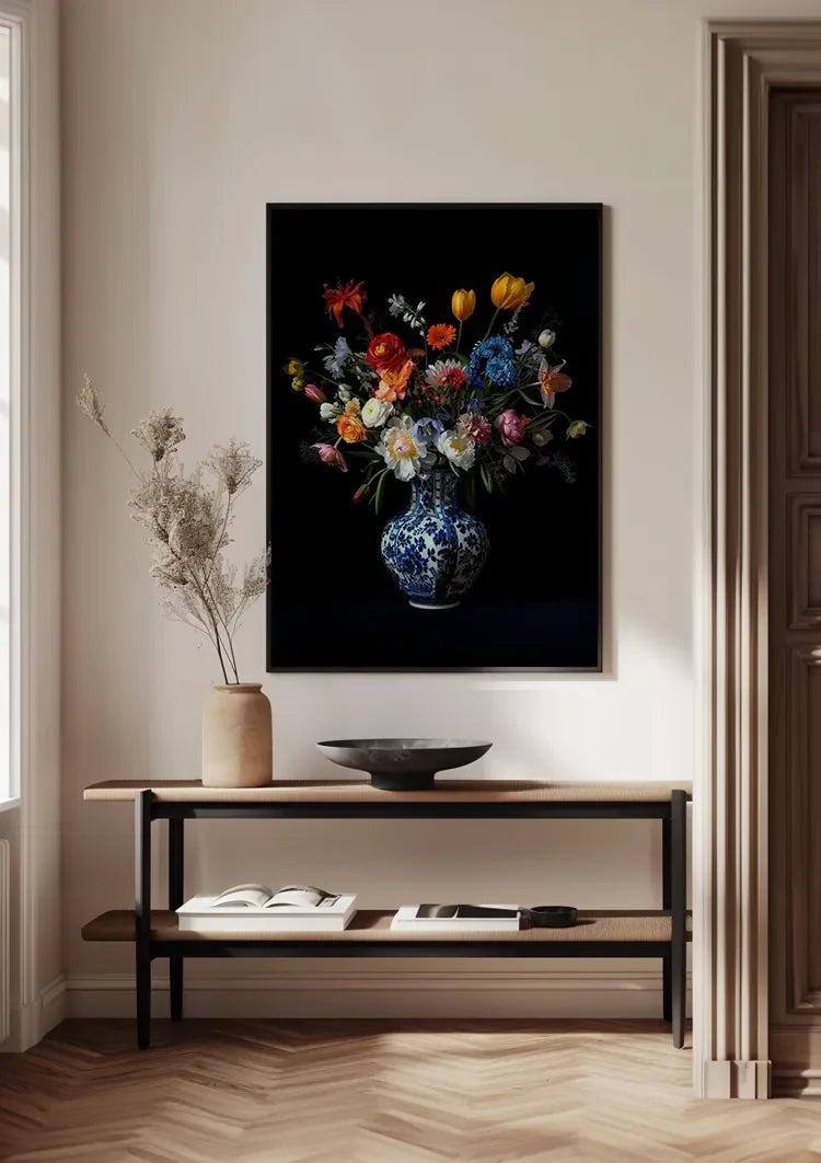 Delfts Blauwe Vaas Kleurrijke Bloemen Tulpen Pioenrozen Donkere Achtergrond Schilderij
