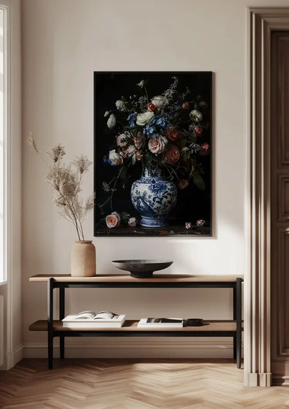 Delfts Blauw Vaas Roze Witte Rozen Bloemenboeket Stilleven Schilderij