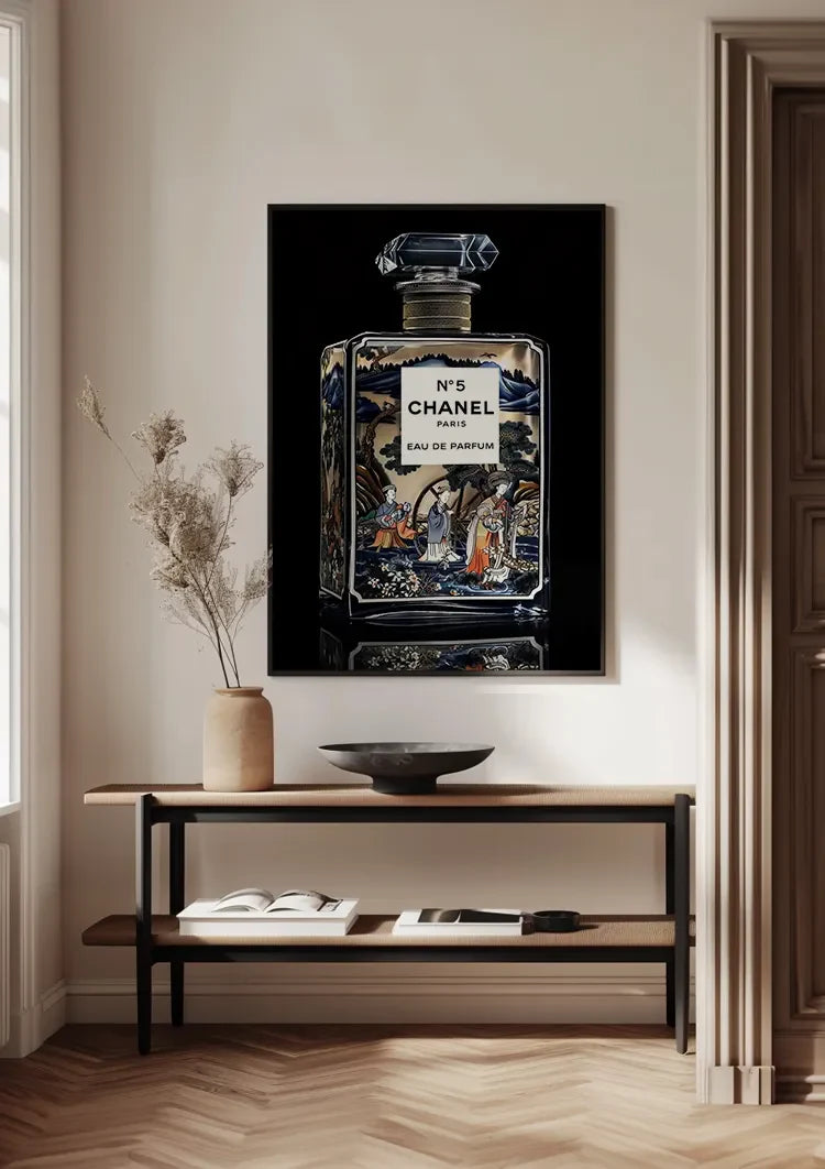 Delft Blue Perfume Bottle Oriental Decor Gold Black Background Luxury Painting