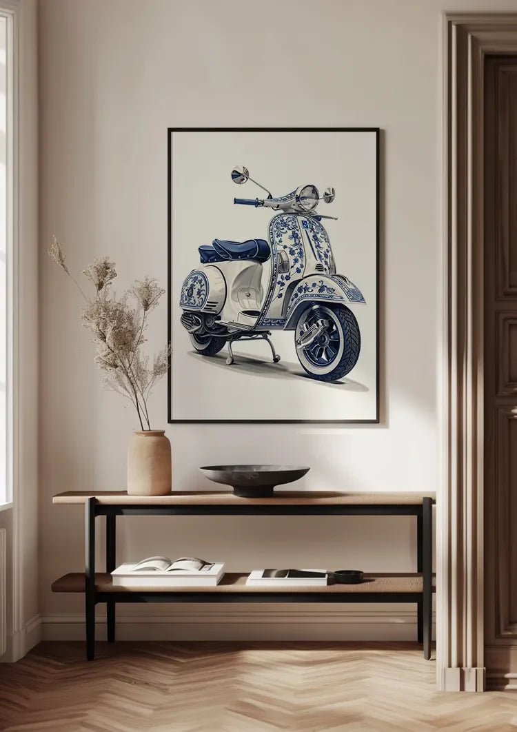 Delfts Blauwe Vintage Vespa Scooter Bloemen Decoratie Schilderij