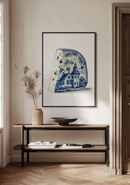 Delft Blue Cheese with Dutch House Illustration Painting