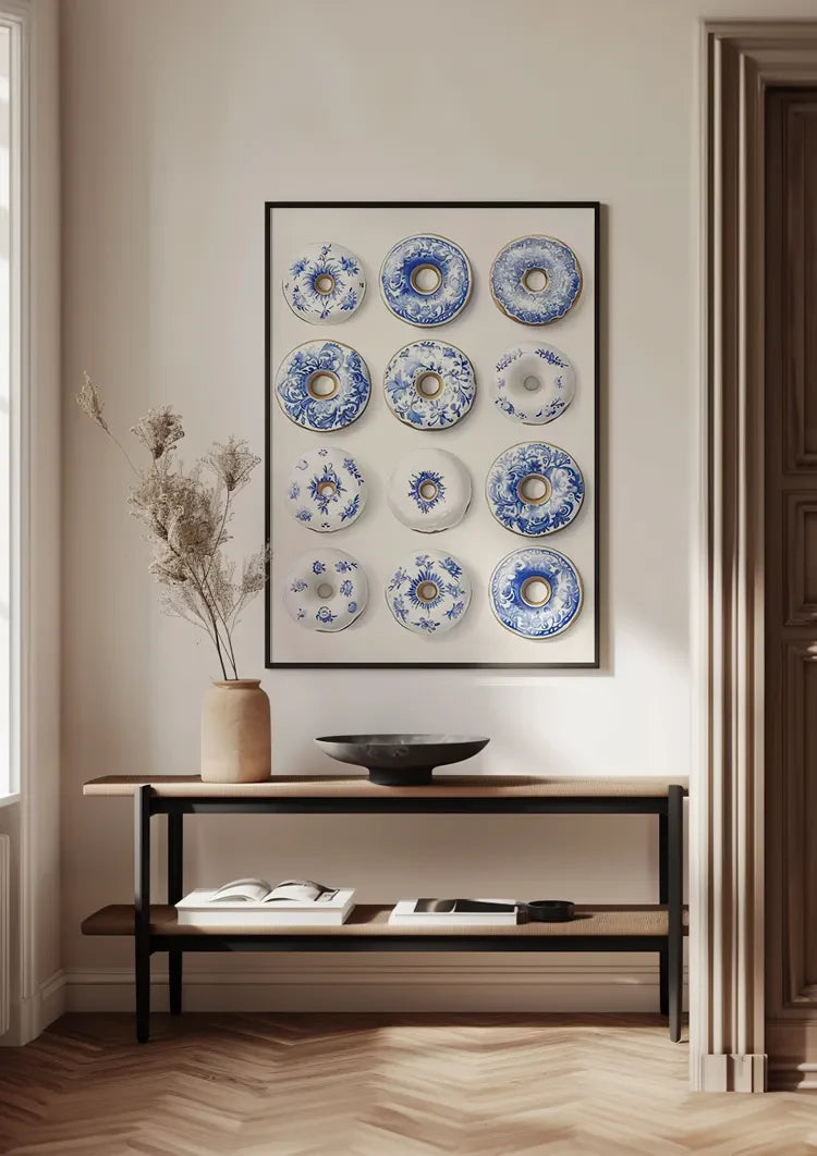 Twelve Donuts With Delft Blue Pattern Playful Ceramic Painting
