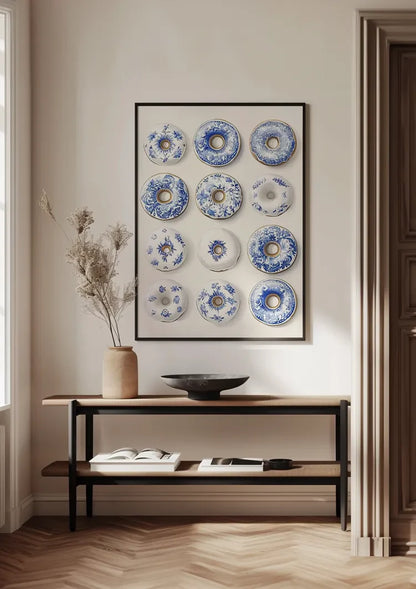 Twelve Donuts With Delft Blue Pattern Playful Ceramic Painting