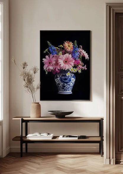 Delfts Blauw Vaas Kleurrijke Bloemen Boeket Donkere Achtergrond Schilderij
